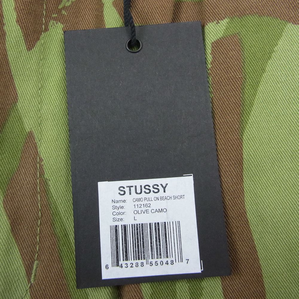 STUSSY ステューシー CAMO PULL ON BEACH カモフラ トライバル リーフ総柄 ショーツ ハーフパンツ カーキ系 L【中古】
