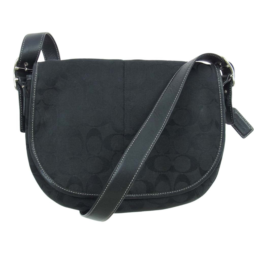 COACH コーチ 6842 シグネチャー レザーストラップ キャンバス ショルダーバッグ ブラック ブラック系【中古】