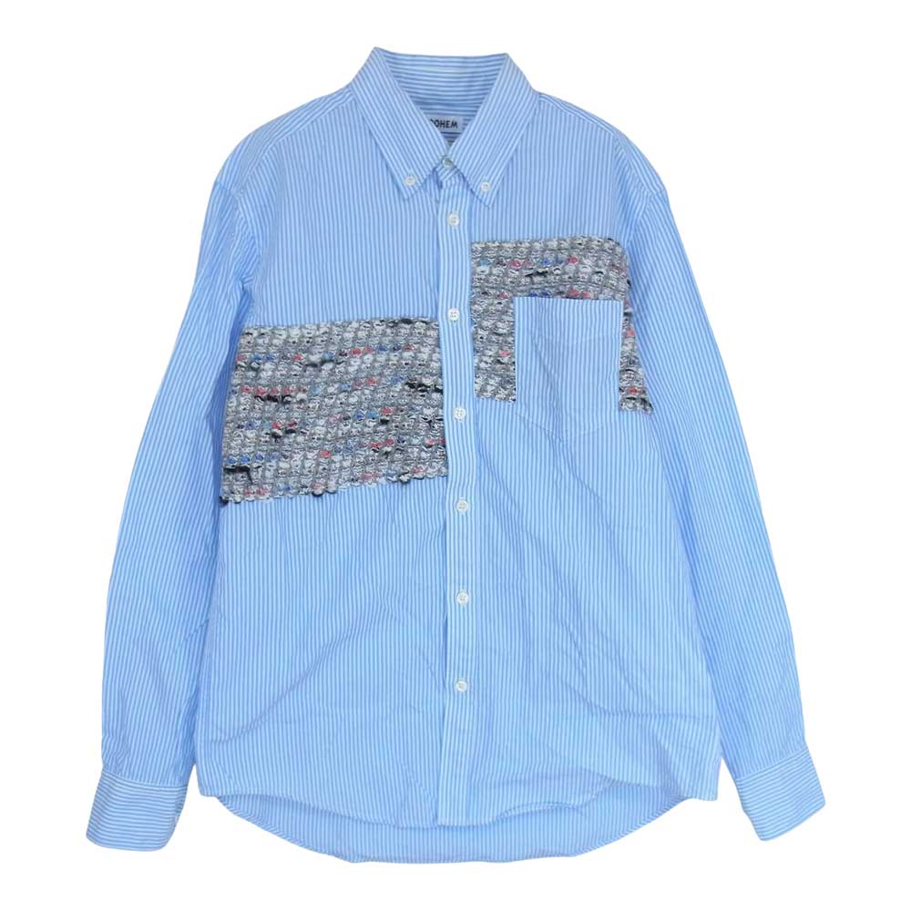 コーヘン 20-181-012 ニット パッチワーク ストライプ 長袖 シャツ ブルー系 46【中古】