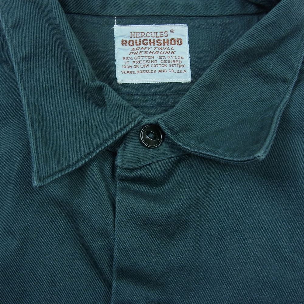 ヘラクレス ヴィンテージ 長袖 ワークシャツ マチ付き 猫目 ボタン グリーン系 M【中古】