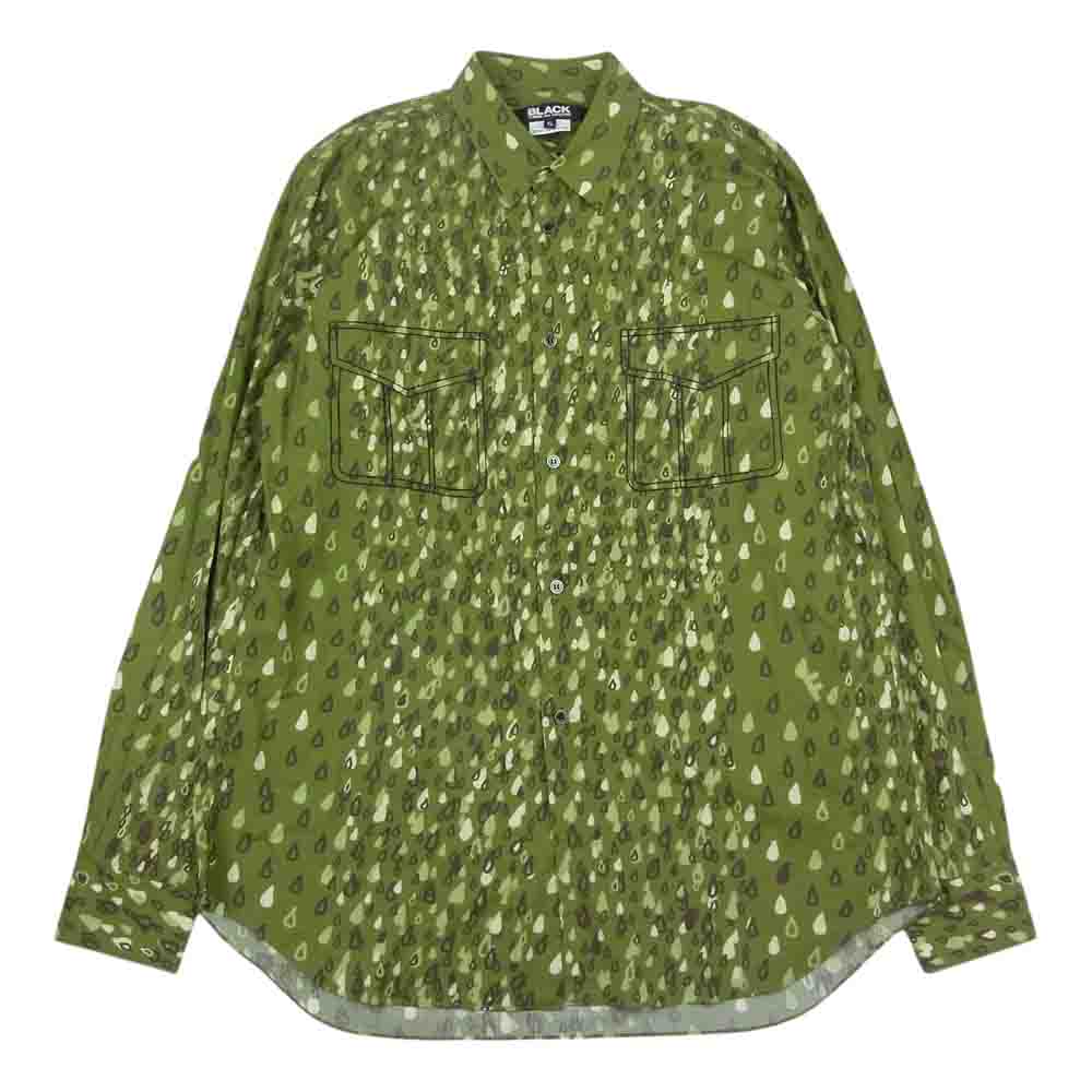 BLACK COMME des GARCONS ブラックコムデギャルソン AD2014 1N-B001 ポケットステッチデザイン 総柄プリント 長袖 シャツ カーキ系 XL【中古】