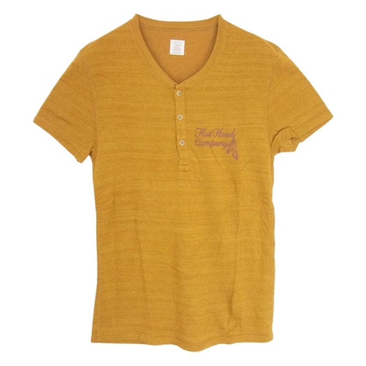THE FLAT HEAD ザフラットヘッド フロントプリント ヘンリーネック Tシャツ マスタード イエロー系 L【中古】