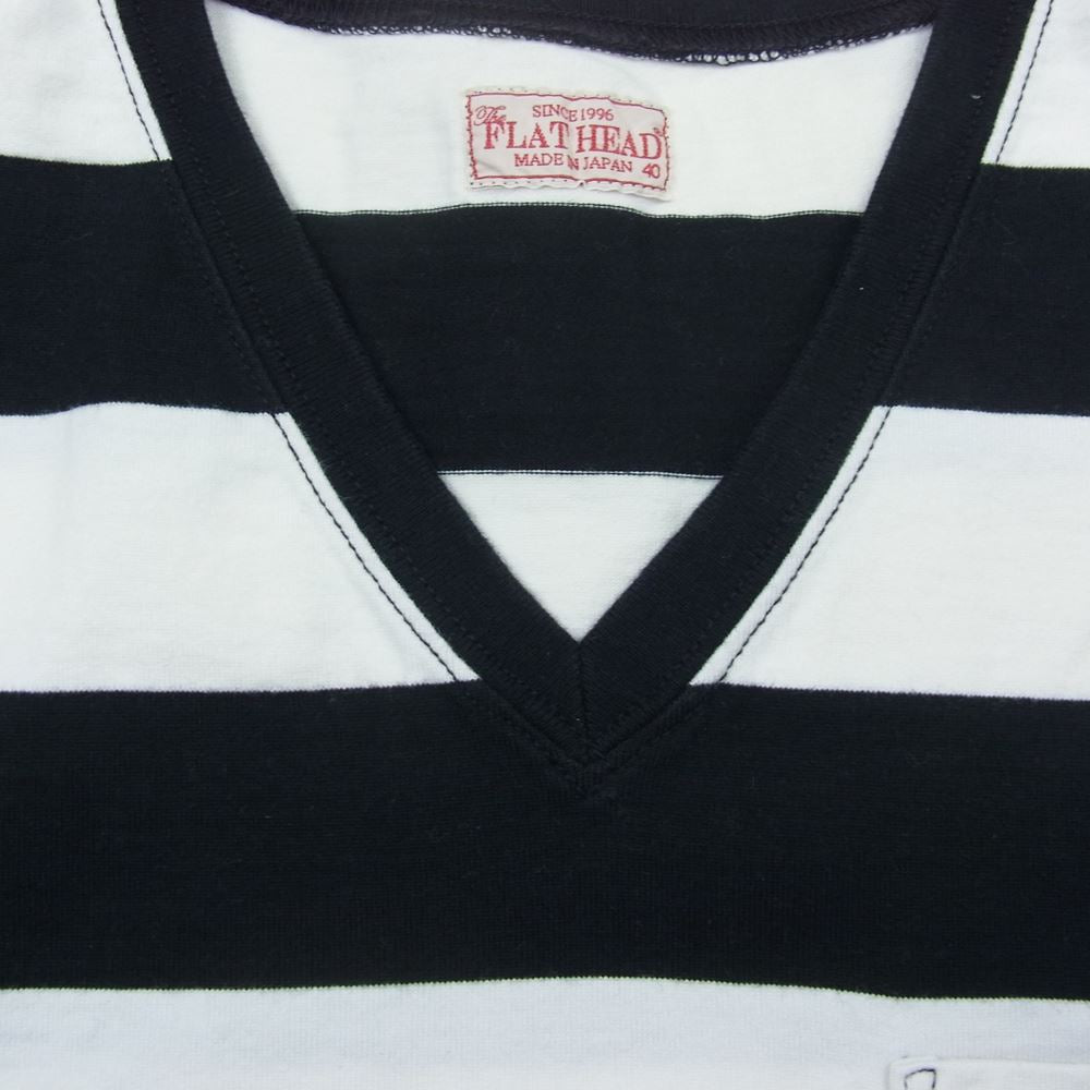 THE FLAT HEAD ザフラットヘッド Vネック ボーダー ポケット Tシャツ ブラック ブラック系 ホワイト系 40【中古】