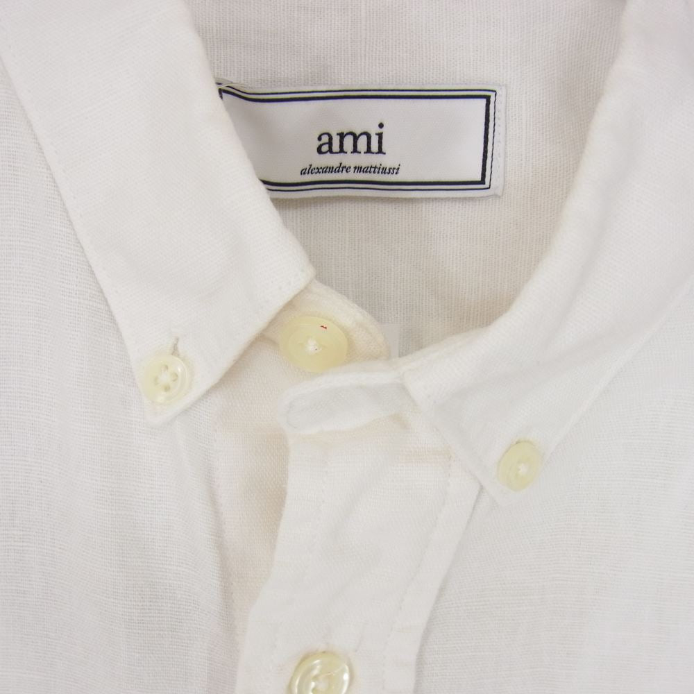 アミパリス AMI055 国内正規品 リネンコットン 半袖 ボタンダウン シャツ ホワイト系 40【中古】