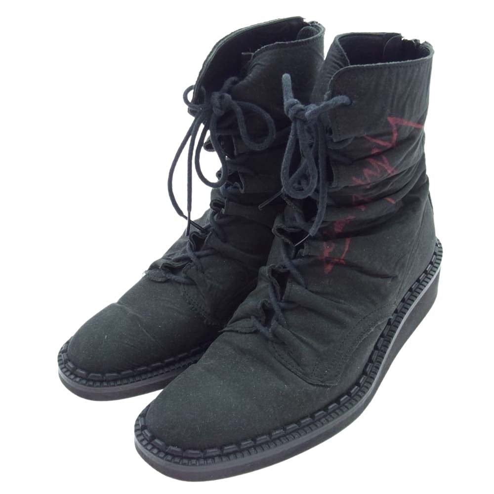 Yohji Yamamoto ヨウジヤマモト FEMME 17AW ロゴペイント 立体ギャザー バックジップ レースアップ ブーツ モスグリーン系【中古】