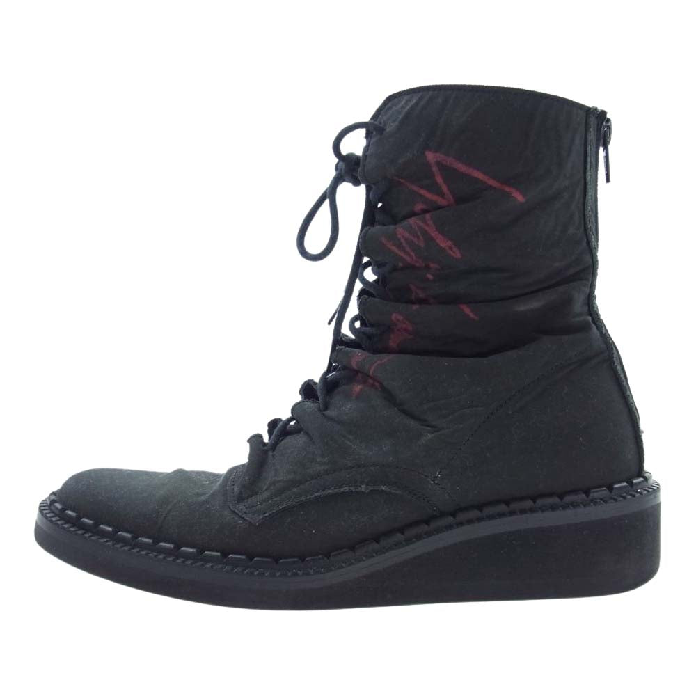 Yohji Yamamoto ヨウジヤマモト FEMME 17AW ロゴペイント 立体ギャザー バックジップ レースアップ ブーツ モスグリーン系【中古】