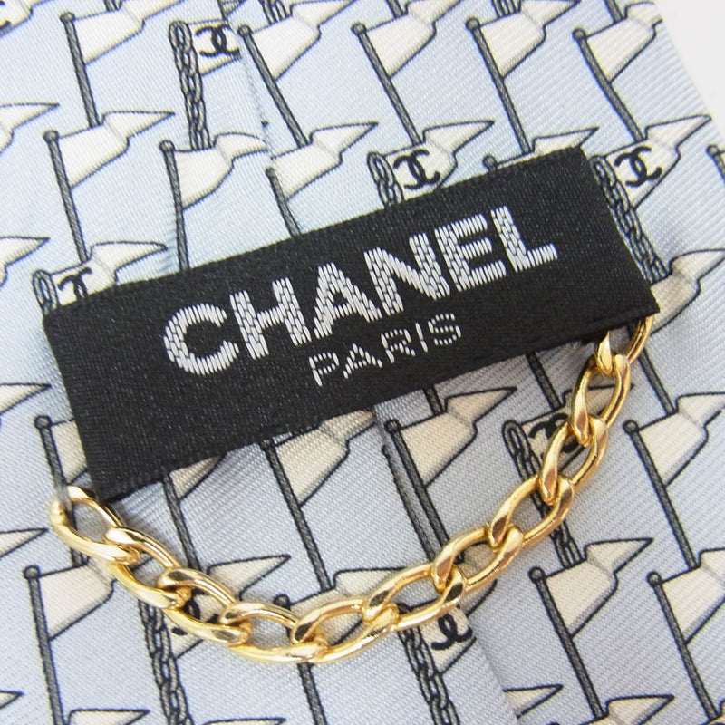 CHANEL シャネル シルク 100% 旗 ココマーク 総柄 ネクタイ ライトブルー系【中古】