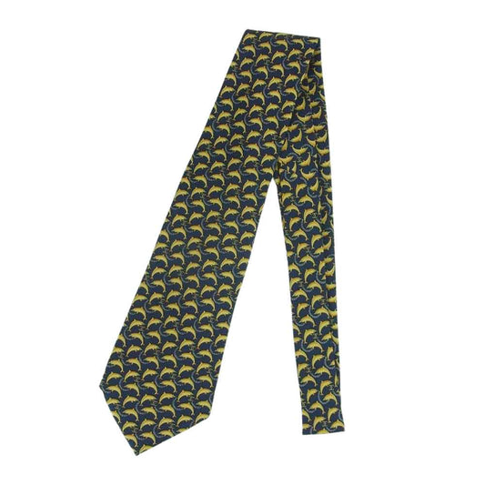 CHANEL シャネル イルカ 総柄 ネクタイ シルク 100% イタリア製 ネイビー系 イエロー系【中古】