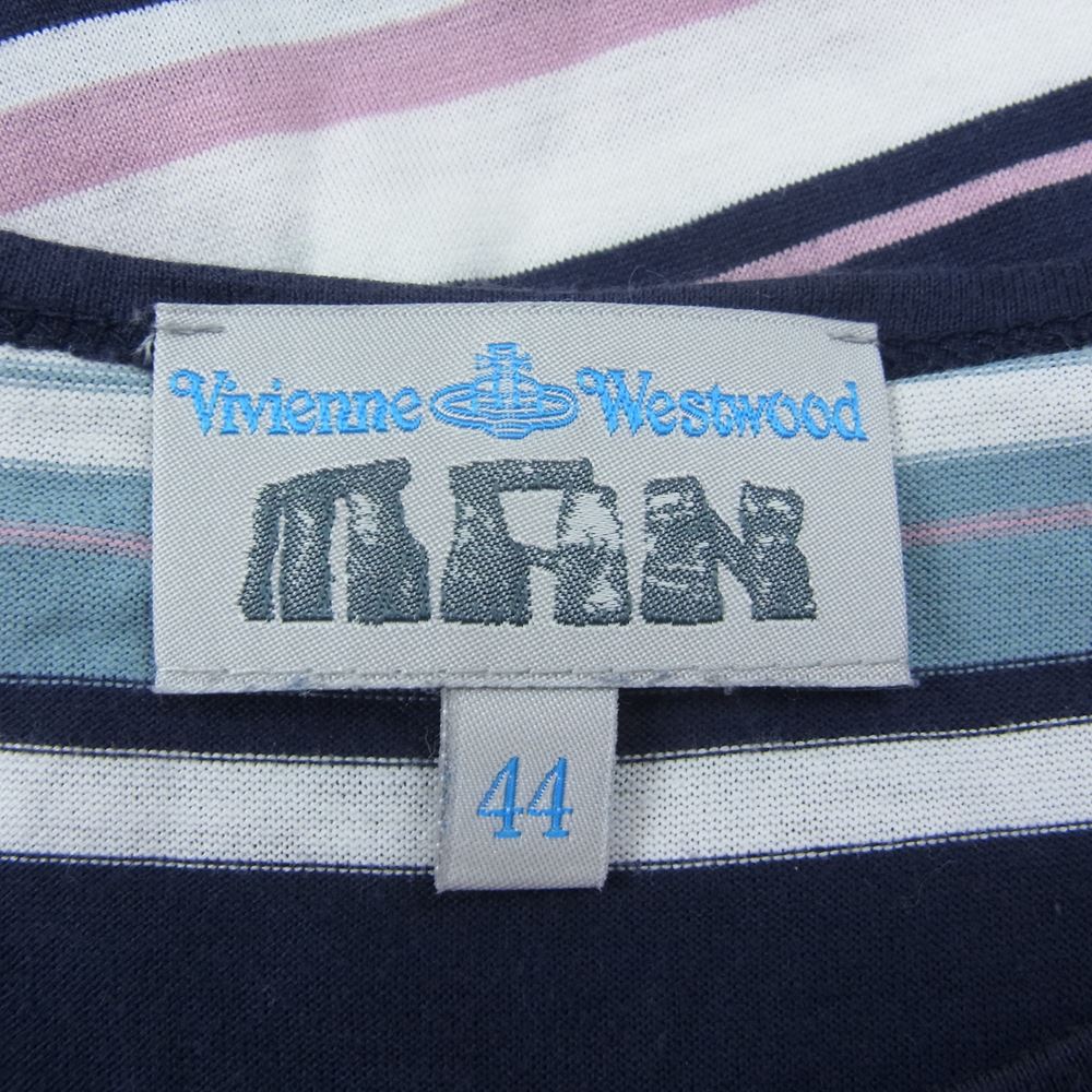 Vivienne WestwoodMAN ヴィヴィアンウエストウッドマン ボーダー 半袖 ロゴ刺繍 ロング丈カットソー マルチカラー系 44【中古】