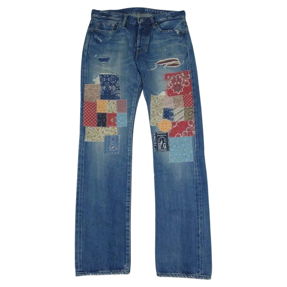 HYSTERIC GLAMOUR ヒステリックグラマー 02171AP09 PWR 加工 デニム スリム ストレート RT バンダナ スタッズ パッチワーク パンツ インディゴブルー系 30インチ【中古】