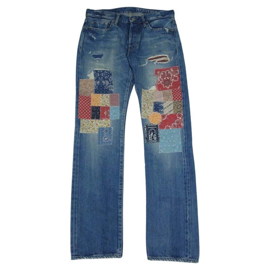 HYSTERIC GLAMOUR ヒステリックグラマー 02171AP09 PWR 加工 デニム スリム ストレート RT バンダナ スタッズ パッチワーク パンツ インディゴブルー系 30インチ【中古】