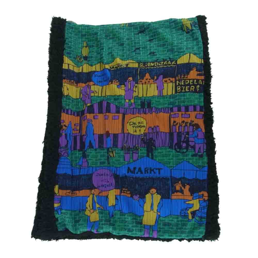 PLEATS PLEASE プリーツプリーズ イッセイミヤケ PP64-AD352 プリーツ加工 フリーマーケット プリント ボア ストール マフラー ブラック系 グリーン系【中古】