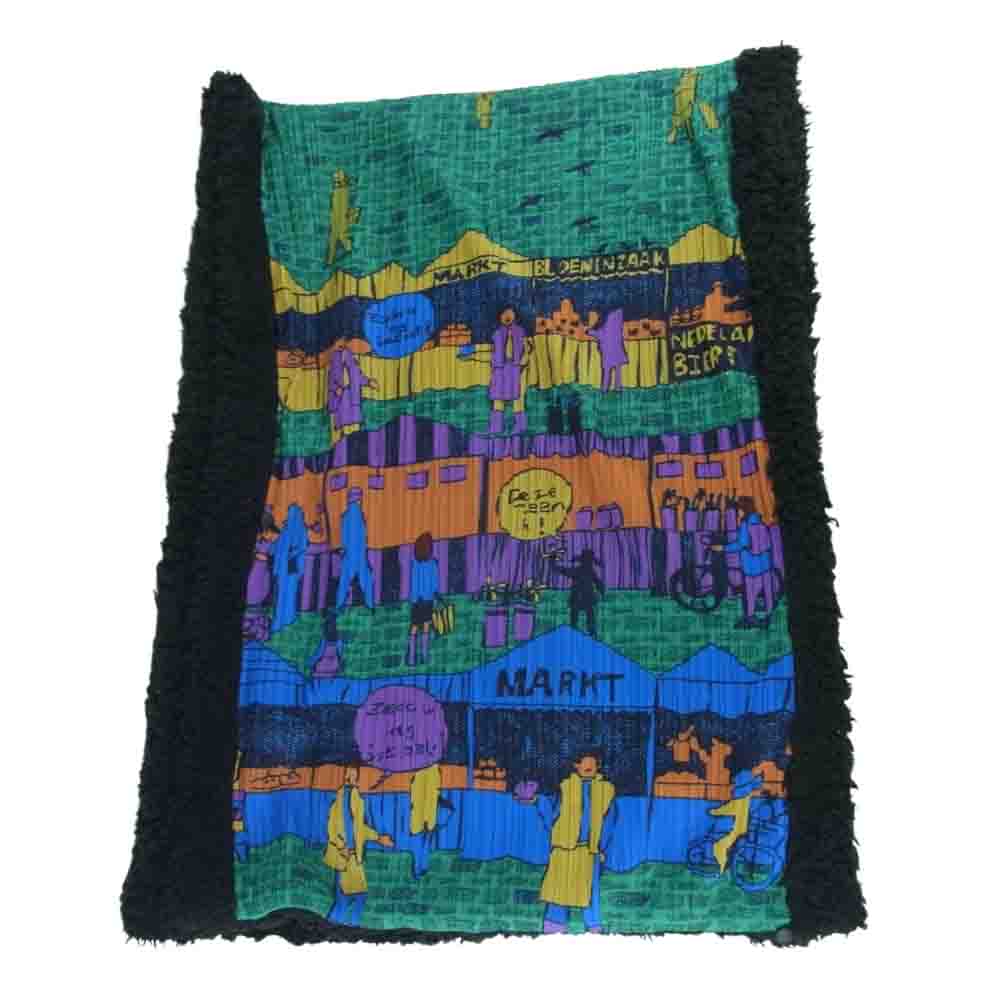 PLEATS PLEASE プリーツプリーズ イッセイミヤケ PP64-AD352 プリーツ加工 フリーマーケット プリント ボア ストール マフラー ブラック系 グリーン系【中古】