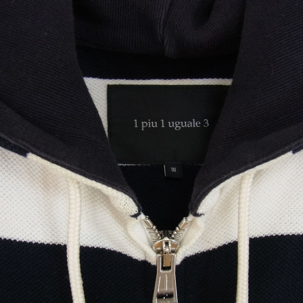 1piu1uguale3 ウノピュウノウグァーレトレ MRB085  COT099 ORIGINAL KANOKO BORDER PARKER 折り鶴刺繍 オリジナル 鬼鹿子 ボーダー フルジップ パーカー ネイビー系 3【中古】