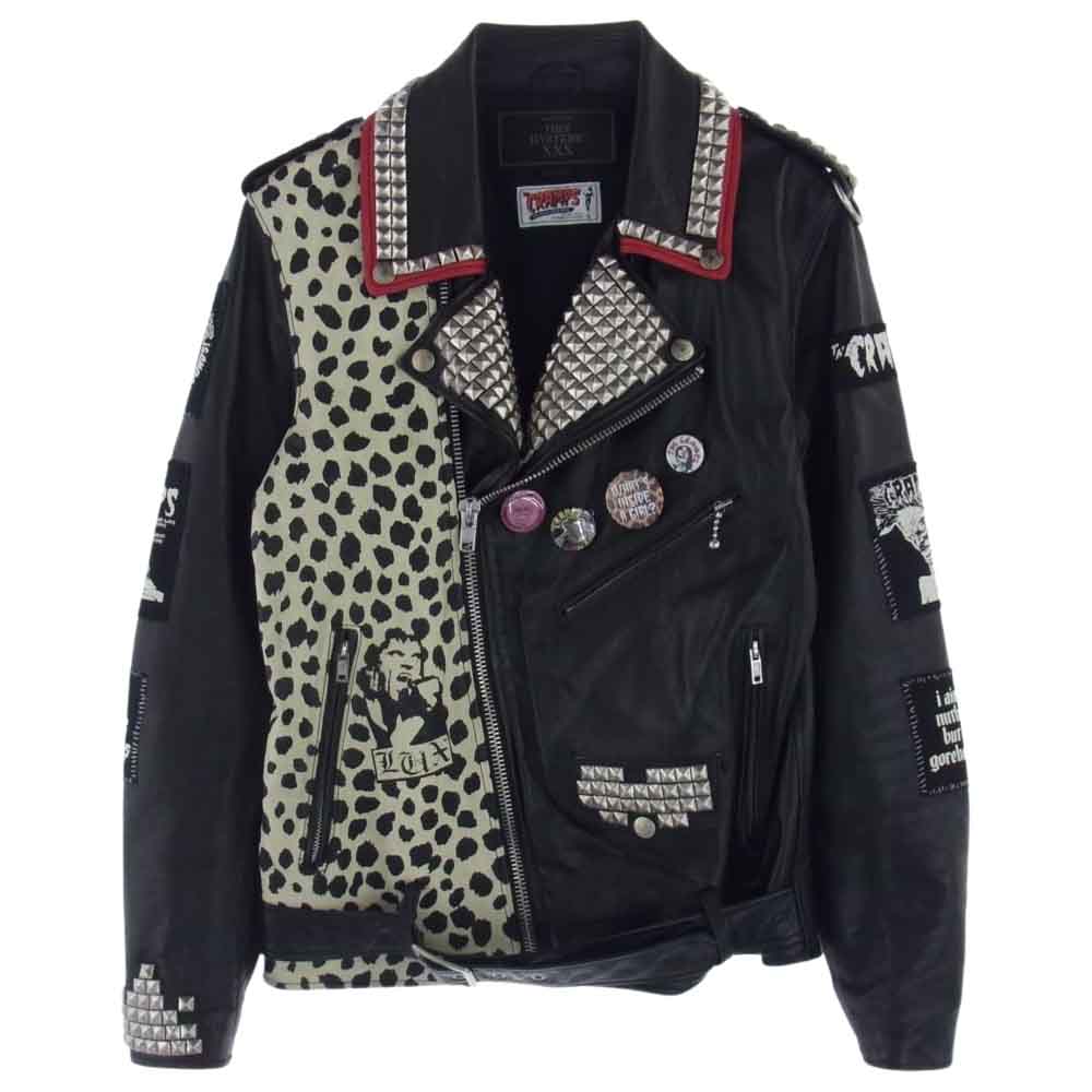 HYSTERIC GLAMOUR ヒステリックグラマー 17AW 06173LB02 THE CRAMPS CR/STUDS&PATCH リメイク ラムレザー ダブルライダース ジャケット バッジ スタッズ ブラック系 S【中古】