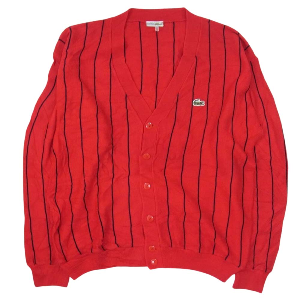 LACOSTE ラコステ フランス製 70's 70年代 ストライプ ニット カーディガン ロゴ刺繍 レッド系 XL【中古】
