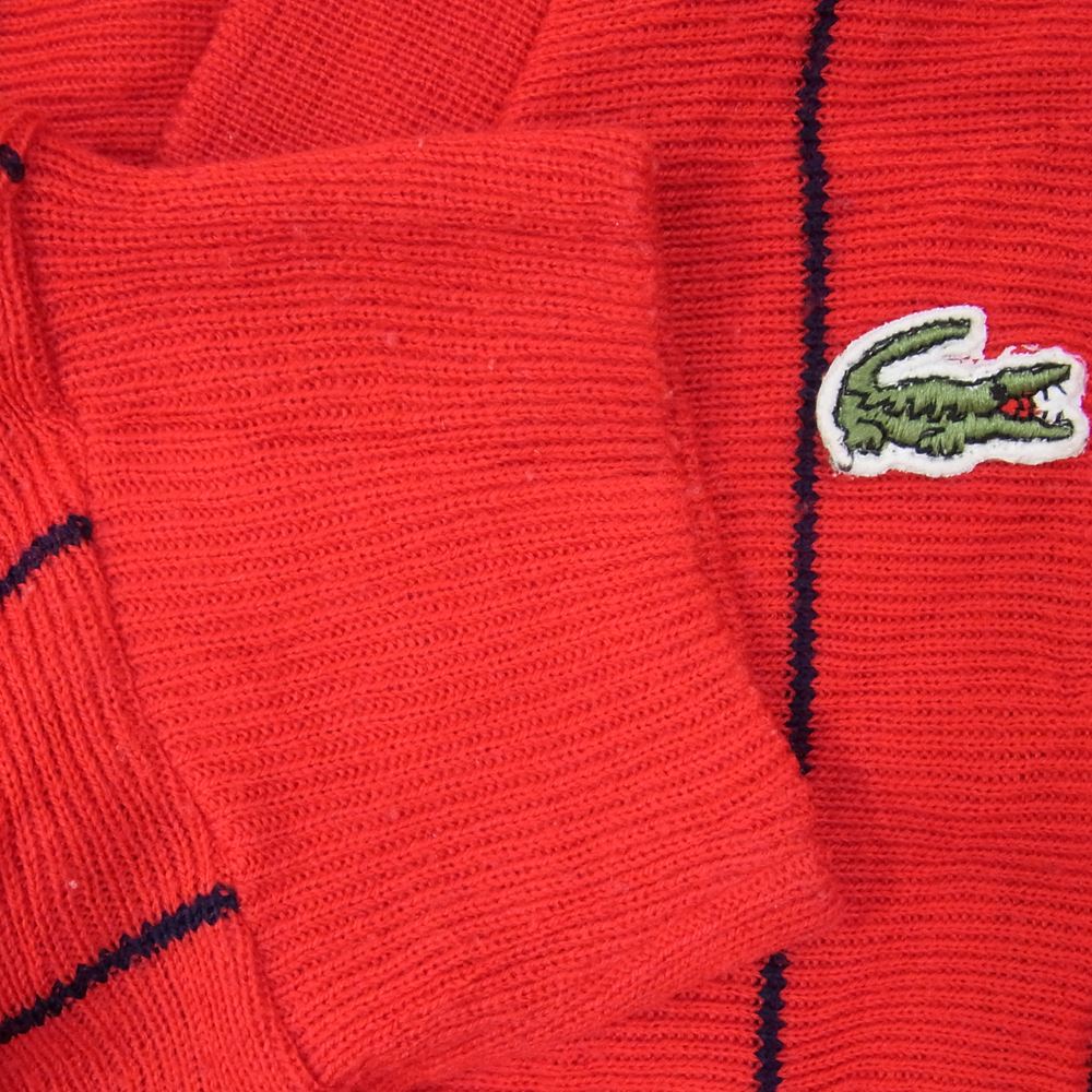 LACOSTE ラコステ フランス製 70's 70年代 ストライプ ニット カーディガン ロゴ刺繍 レッド系 XL【中古】