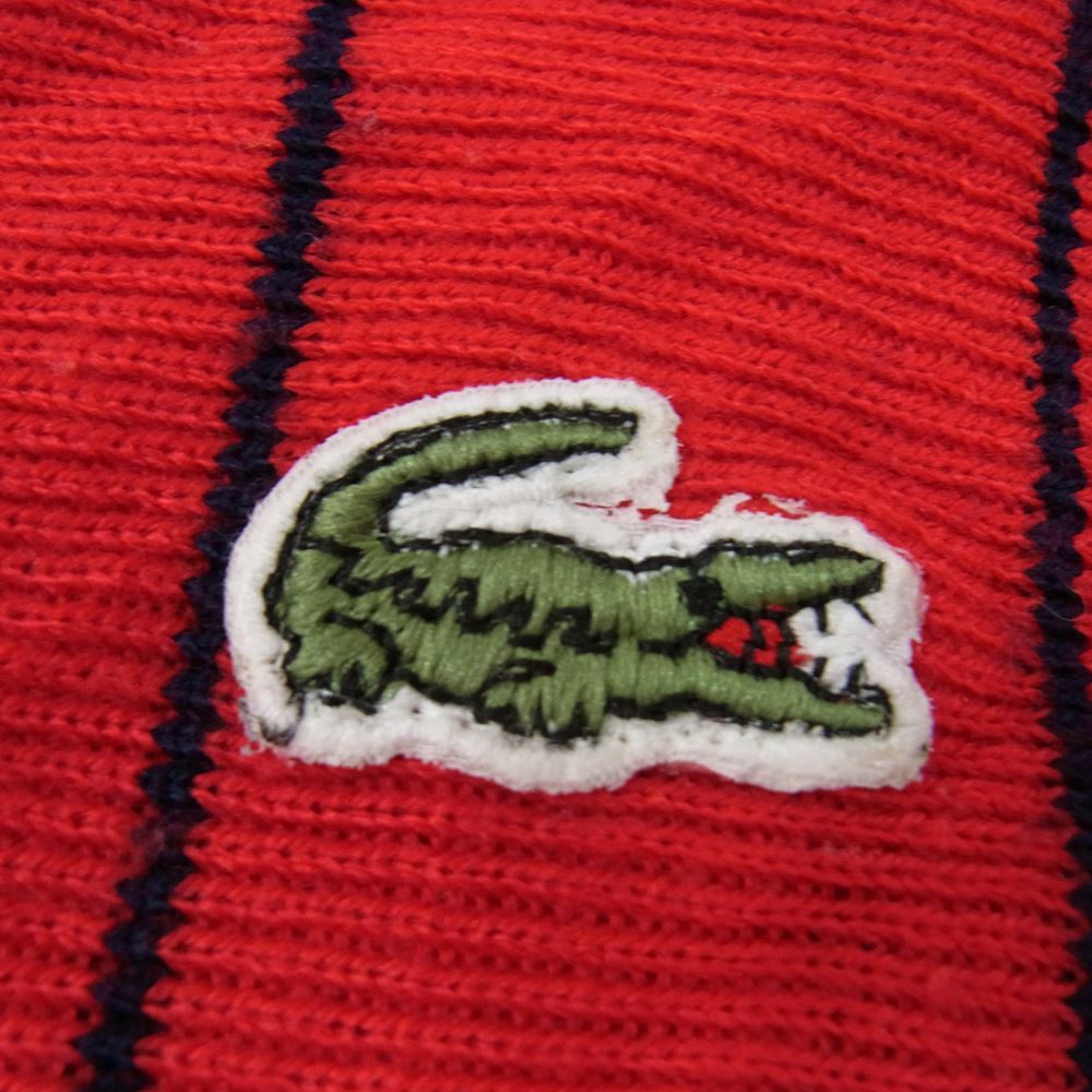 LACOSTE ラコステ フランス製 70's 70年代 ストライプ ニット カーディガン ロゴ刺繍 レッド系 XL【中古】