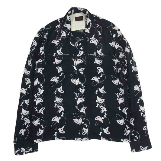 R.J.B アールジェイビー レーヨン プリント オープンカラー 長袖 シャツ ブラック系 36【中古】