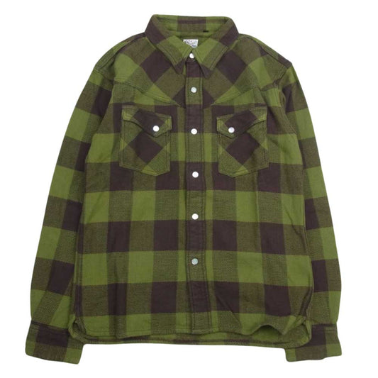 THE FLAT HEAD ザフラットヘッド HNW-52W ヘビー ネル ウエスタン シャツ 長袖 グリーン系 ブラウン系 38【美品】【中古】