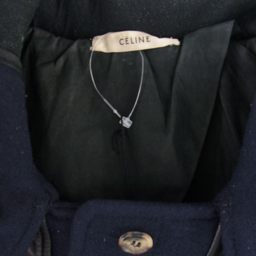 CELINE セリーヌ 2 8G94 4154 フィービー期 レザー ヨーク切替 ウール ラムレザー アーカイブ ダッフルコート ネイビー系 36【中古】