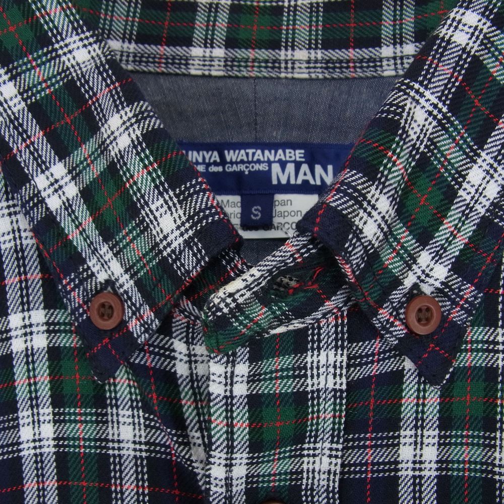 JUNYA WATANABE COMME des GARCONS MAN ジュンヤワタナベコムデギャルソンマン AD2014 WN-B026 綿先染ツイルチェック 綿ヘリンボーン 背面切替 ボタンダウン 長袖 シャツ ダークネイビー系 チェック S【中古】