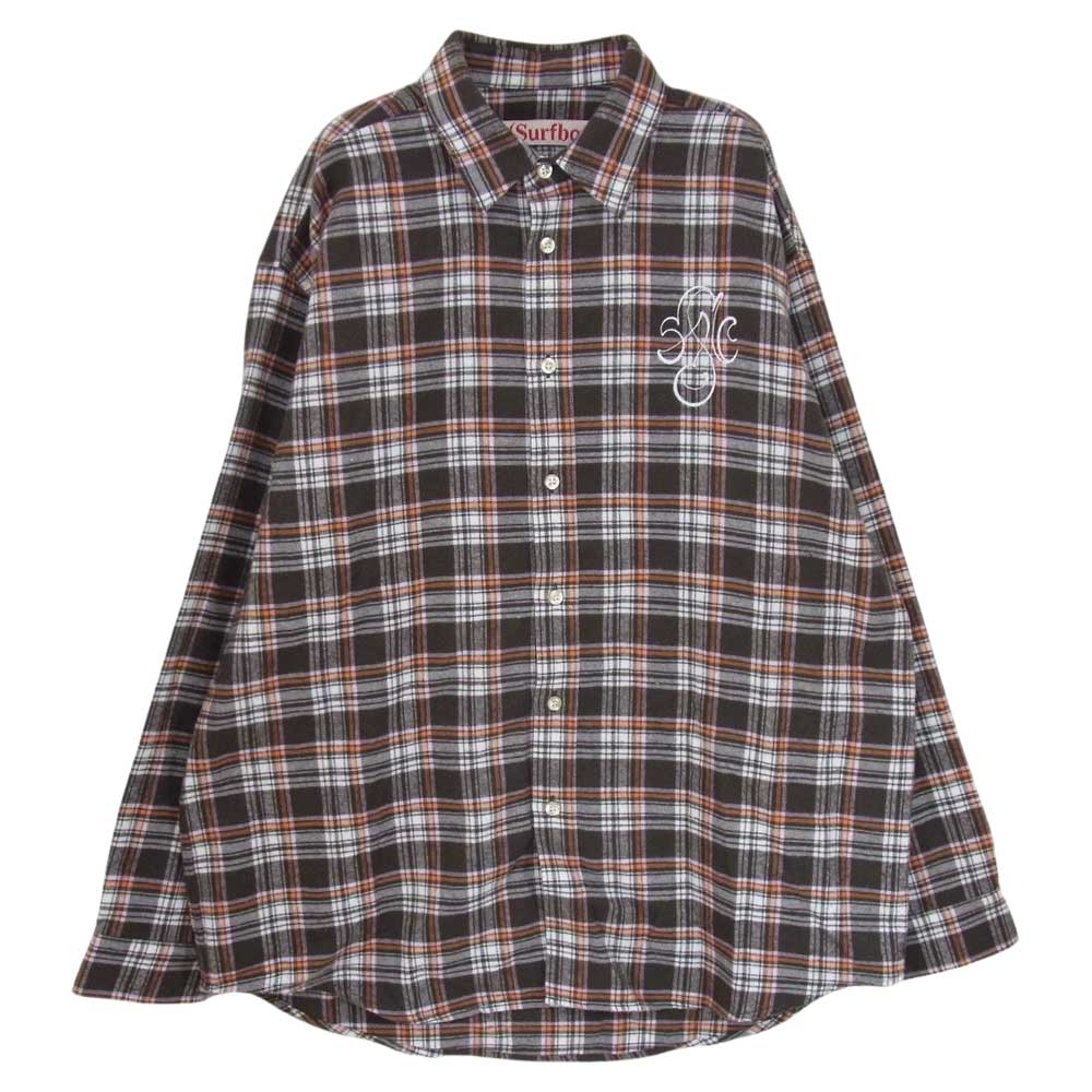 ストックホルムサーフボードクラブ  ロゴ刺繍 チェック ネルシャツ 長袖 シャツ ブラウン系 S【中古】