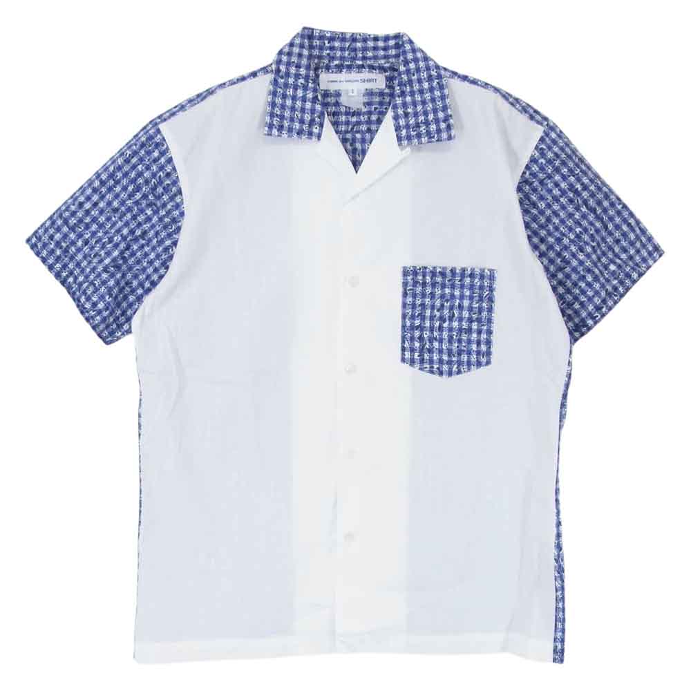 COMME des GARCONS コムデギャルソン SHIRT フランス製 S20088 オープンカラー シャツ ペイズリー ギンガムチェック 切替 半袖 ブルー系 ホワイト系 S【中古】