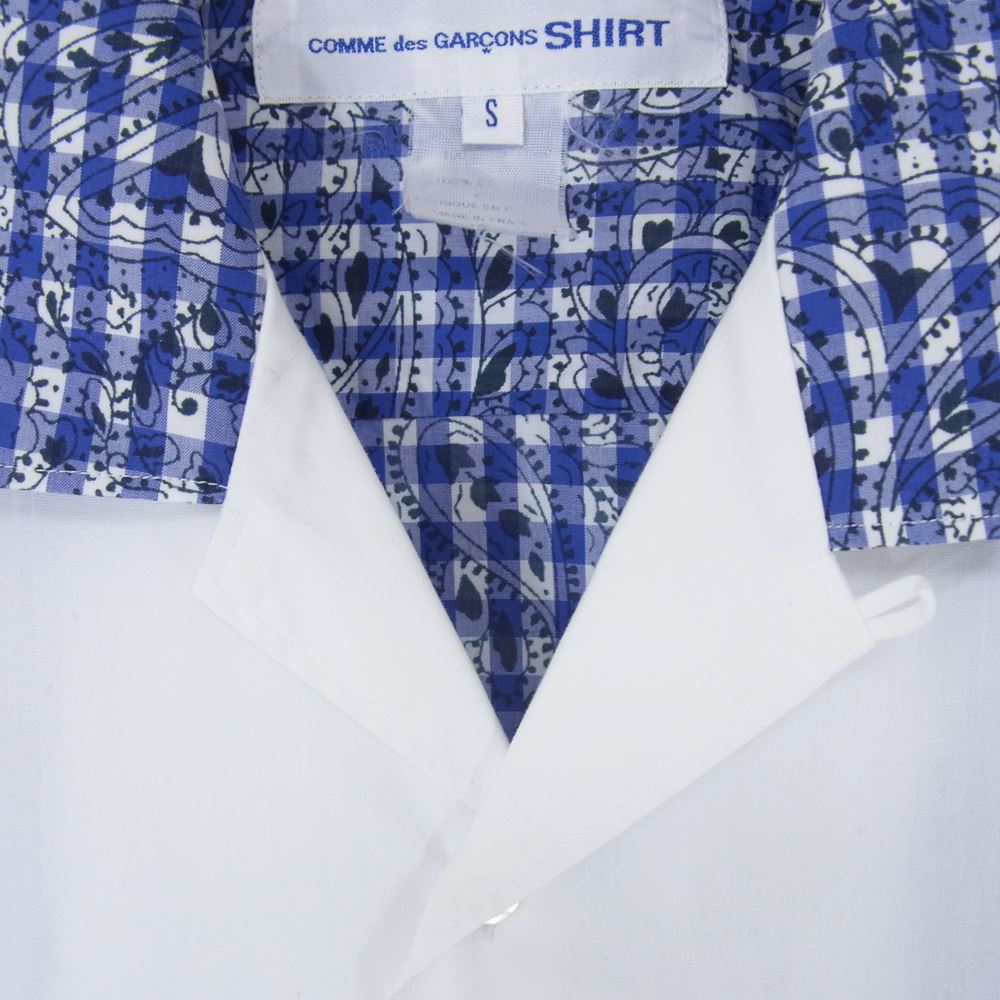 COMME des GARCONS コムデギャルソン SHIRT フランス製 S20088 オープンカラー シャツ ペイズリー ギンガムチェック 切替 半袖 ブルー系 ホワイト系 S【中古】