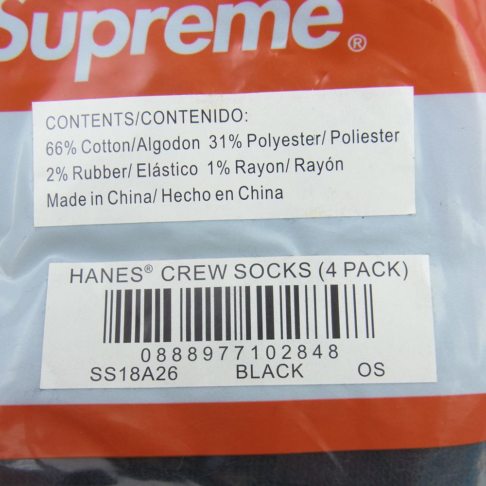 Supreme シュプリーム Hanes ヘインズ 4PAIRS CUSHION CREW SOCKS 4足セット 靴下 クルーソックス ブラック ブラック系 6-12【新古品】【未使用】【中古】