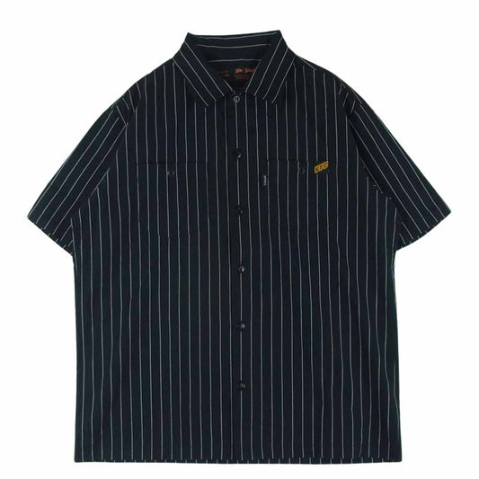 schott ショット ストライプ NYCタグ ポケット 半袖 ワーク シャツ 中国製 ブラック系 ホワイト系 S【中古】
