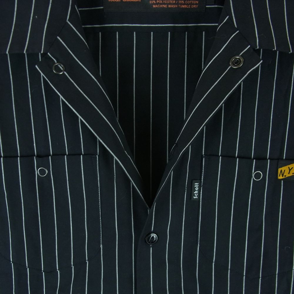 schott ショット ストライプ NYCタグ ポケット 半袖 ワーク シャツ 中国製 ブラック系 ホワイト系 S【中古】