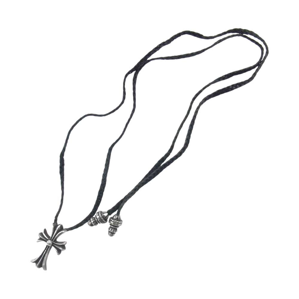 CHROME HEARTS クロムハーツ（原本無） SMALL CROSS PENDANT LEATHER BRAID NECKLACE スモール CH クロス Wボロチップ ペンダント レザー ブレイド ネックレス シルバー系【中古】