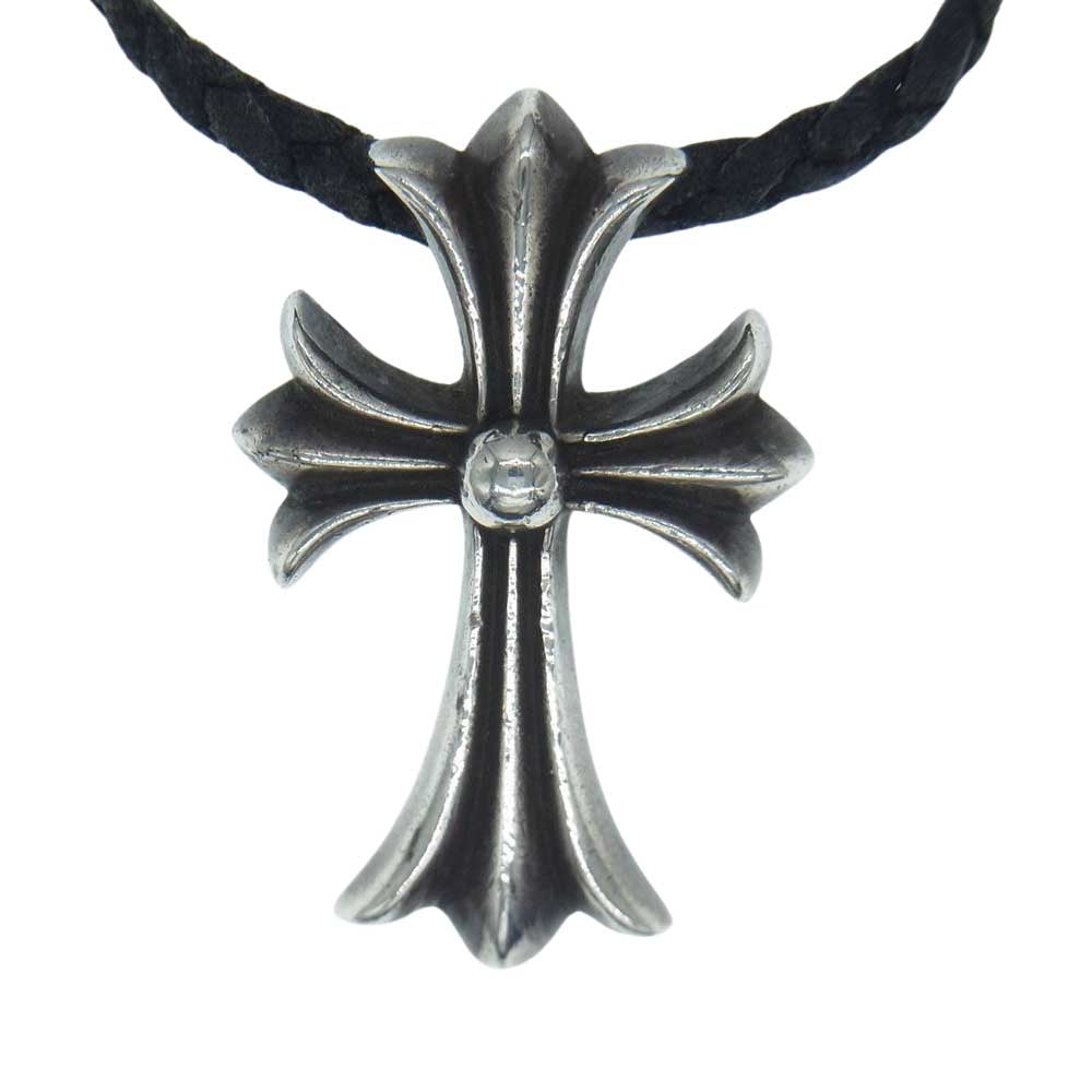 CHROME HEARTS クロムハーツ（原本無） SMALL CROSS PENDANT LEATHER BRAID NECKLACE スモール CH クロス Wボロチップ ペンダント レザー ブレイド ネックレス シルバー系【中古】