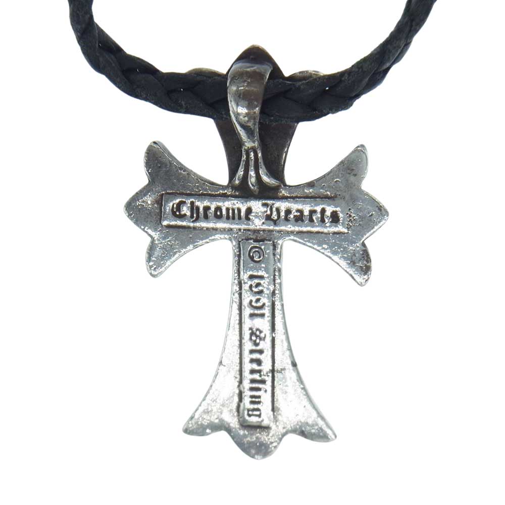 CHROME HEARTS クロムハーツ（原本無） SMALL CROSS PENDANT LEATHER BRAID NECKLACE スモール CH クロス Wボロチップ ペンダント レザー ブレイド ネックレス シルバー系【中古】