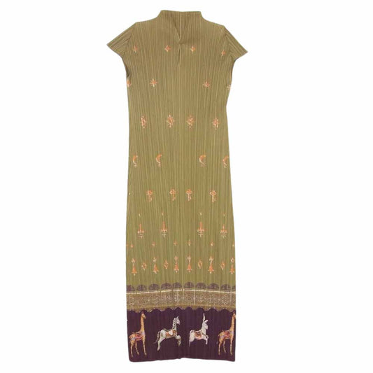 PLEATS PLEASE プリーツプリーズ イッセイミヤケ PP43-JH777 プリーツ加工 メリーゴーランド ハイネック フレンチスリーブ ロング ワンピース  モスグリーン系 5【中古】