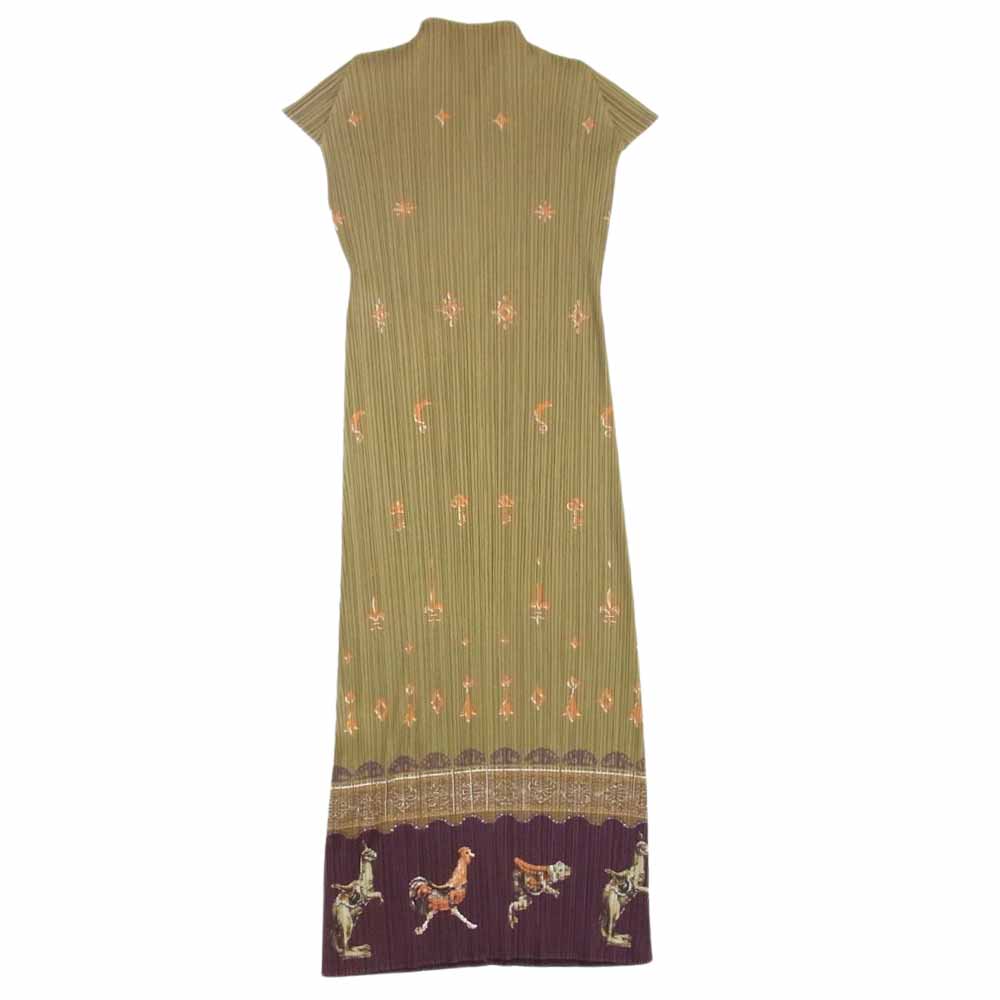 PLEATS PLEASE プリーツプリーズ イッセイミヤケ PP43-JH777 プリーツ加工 メリーゴーランド ハイネック フレンチスリーブ ロング ワンピース  モスグリーン系 5【中古】