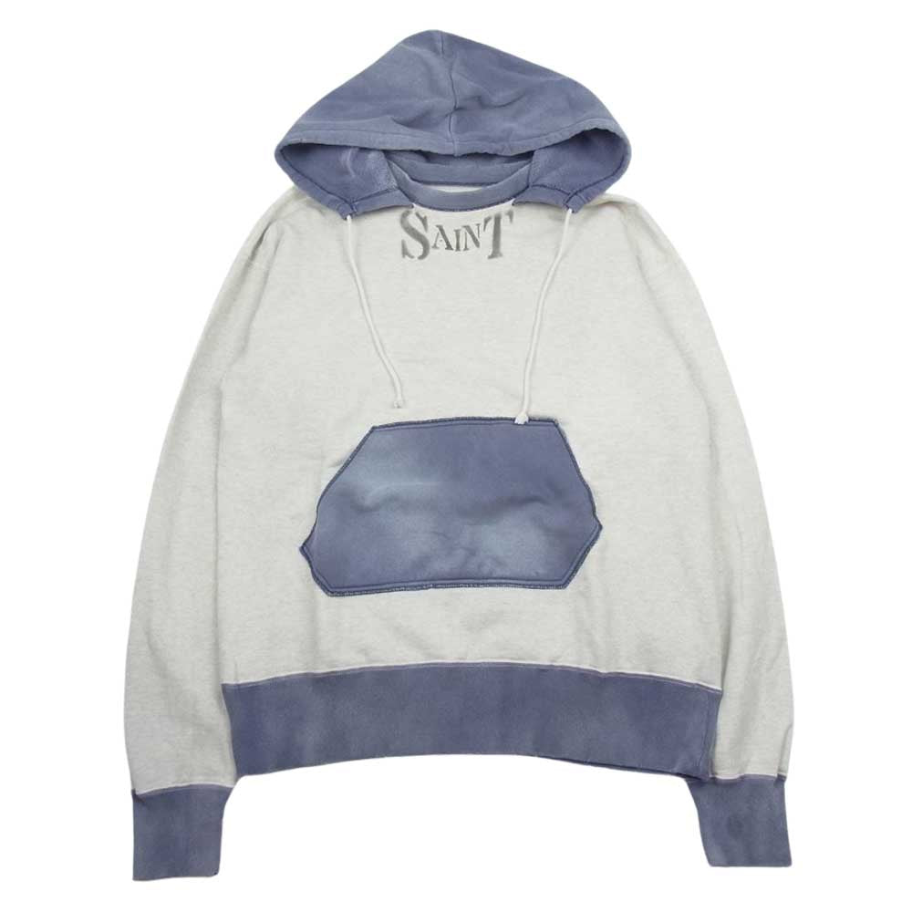SAINT MICHAEL セントマイケル 21SS SM-S21-0000-026 ステンシル フーディー SAINT Mxxxxxx ネックロゴ プリント ユーズド加工 後付け プルオーバーパーカー グレー系 L【中古】