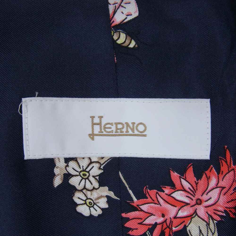 Herno ヘルノ 裏地フラワー総柄 シルク ロング コート ネイビー系 46【中古】