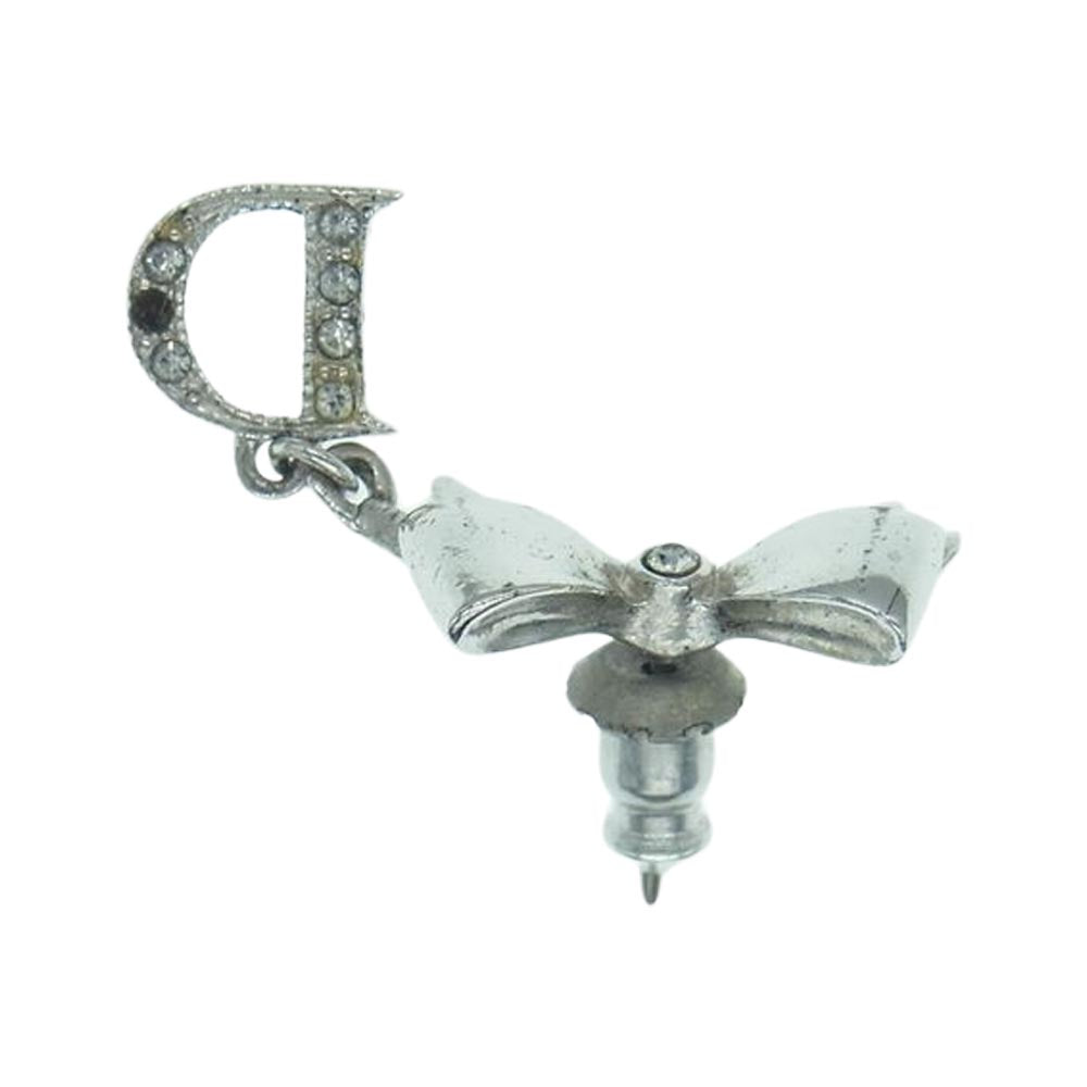 Christian Dior クリスチャンディオール リボン ラインストーン Dモチーフ ピアス 両耳用 シルバー系【中古】