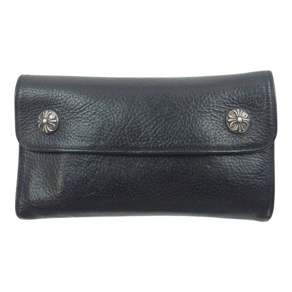 CHROME HEARTS クロムハーツ（原本無） 購入レシート付き WAVE CROSS BALL ウェーブ クロスボールボタン レザー ウォレット ブラック系【中古】