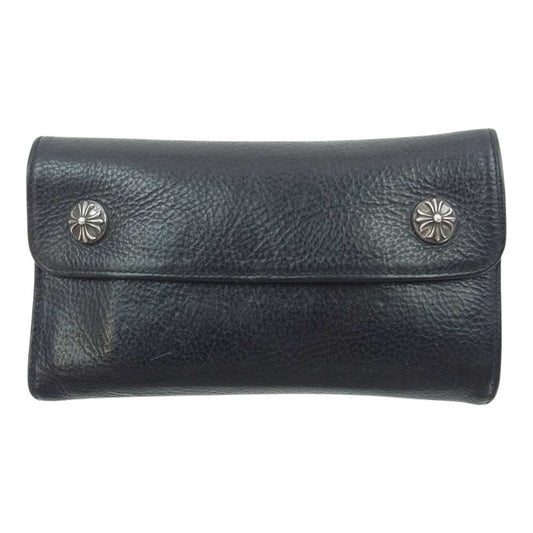 CHROME HEARTS クロムハーツ（原本無） 購入レシート付き WAVE CROSS BALL ウェーブ クロスボールボタン レザー ウォレット ブラック系【中古】