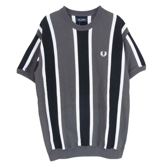 FRED PERRY フレッドペリー ロゴ刺繍 ストライプ ニット Tシャツ グレー系 S【中古】
