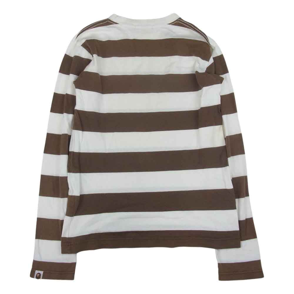 A BATHING APE アベイシングエイプ ロゴ ワッペン ボーダー 長袖 Tシャツ カットソー ホワイト系 ブラウン系 S【中古】