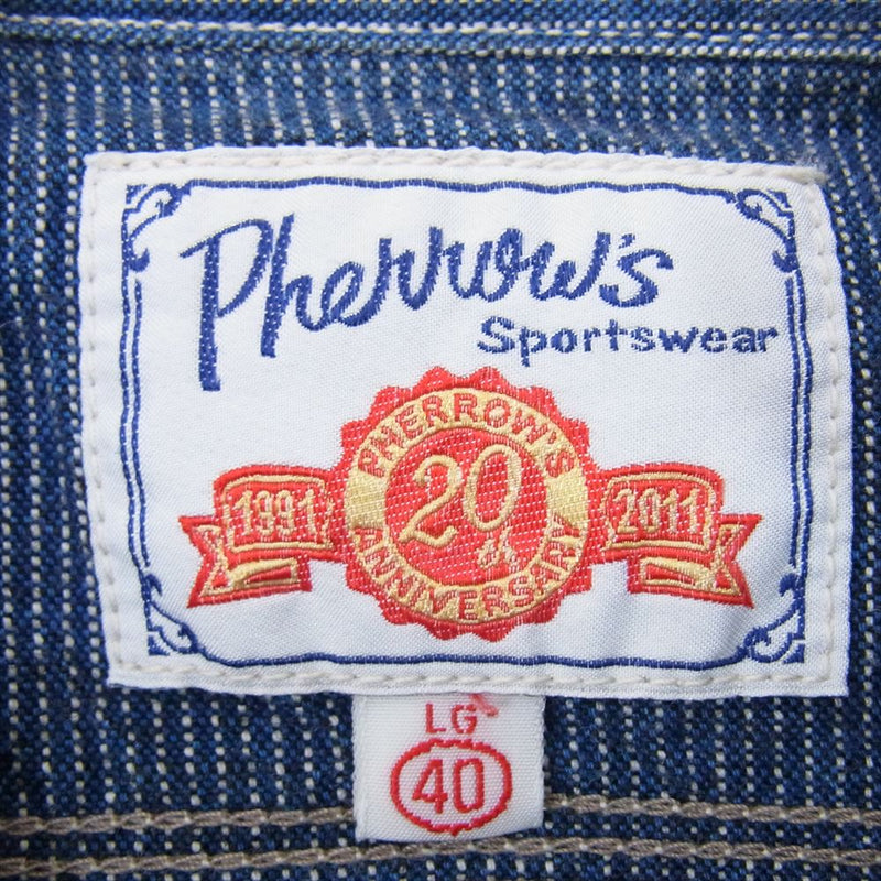 Pherrow's フェローズ 720WSS-P-20th 20周年記念限定 カスタム ワッペン ストライプ ワーク 半袖 シャツ ブルー系 40【中古】