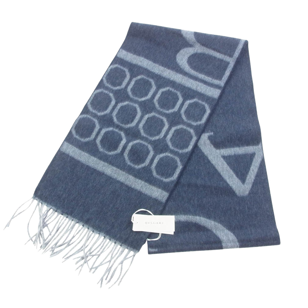 BVLGARI ブルガリ WOOL CASHMERE ウール カシミヤ フリンジ マフラー ストール グレー系 ネイビー系【極上美品】【中古】