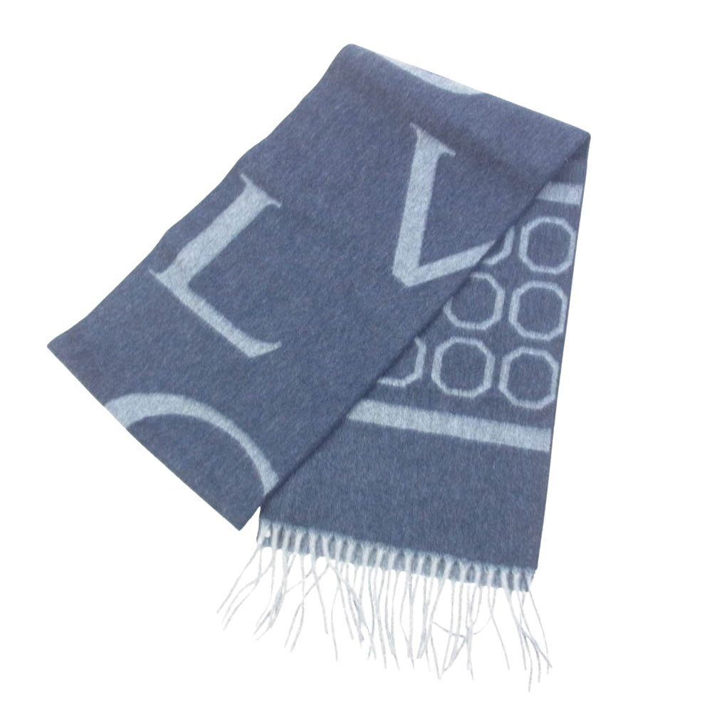 BVLGARI ブルガリ WOOL CASHMERE ウール カシミヤ フリンジ マフラー ストール グレー系 ネイビー系【極上美品】【中古】