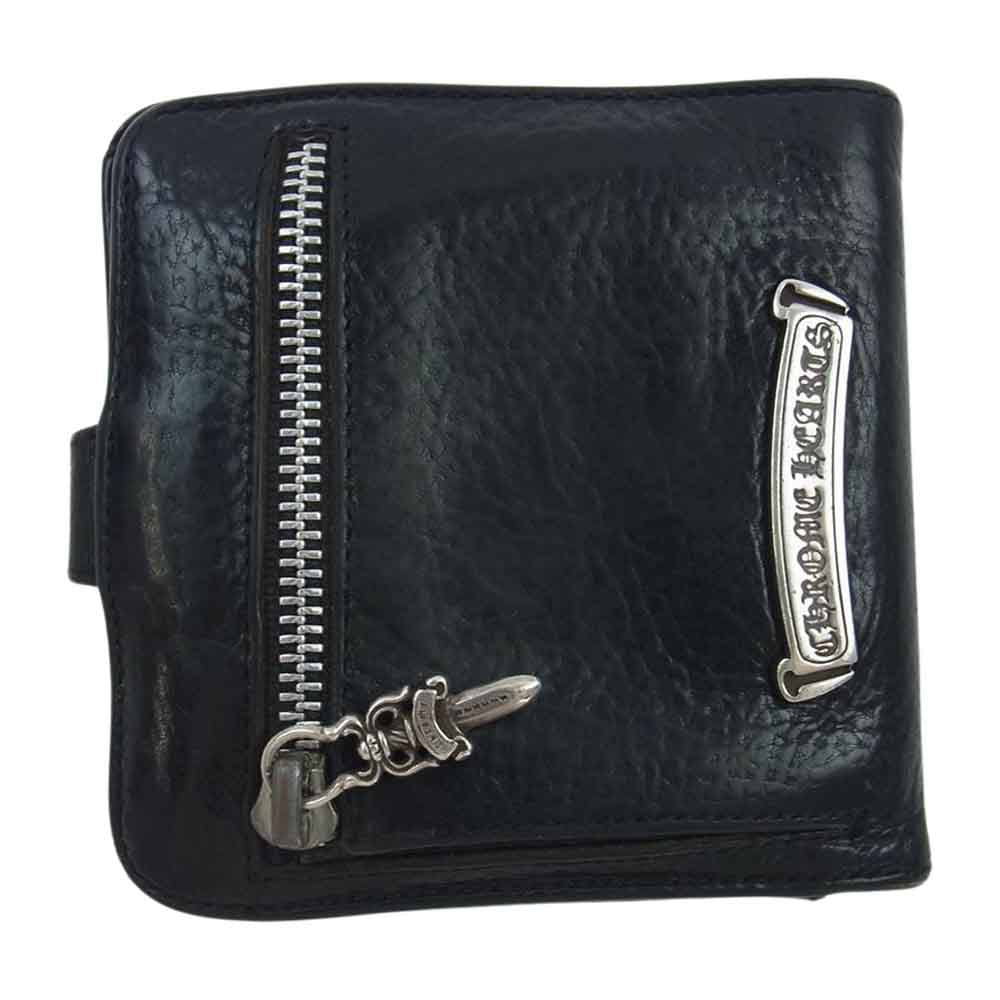 CHROME HEARTS クロムハーツ（原本無） SQ BTN BILL スクエア ボタン ビル フラップ ボタン レザー ウォレット 二つ折り財布 ブラック系【中古】