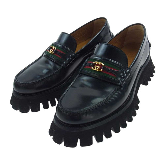 GUCCI グッチ 669819 GG ダブルG シェリーライン ラバーソール レザー ローファー シューズ ブラック系 8【中古】