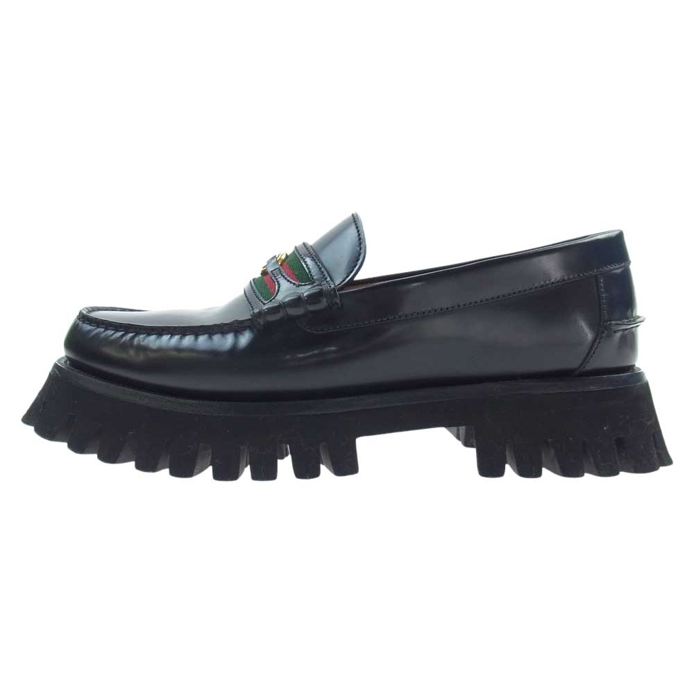 GUCCI グッチ 669819 GG ダブルG シェリーライン ラバーソール レザー ローファー シューズ ブラック系 8【中古】